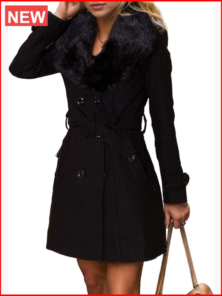 Faux Fur Trench Coat Long Sleeve Double Breasted Belted Wool Blend Furry Winter